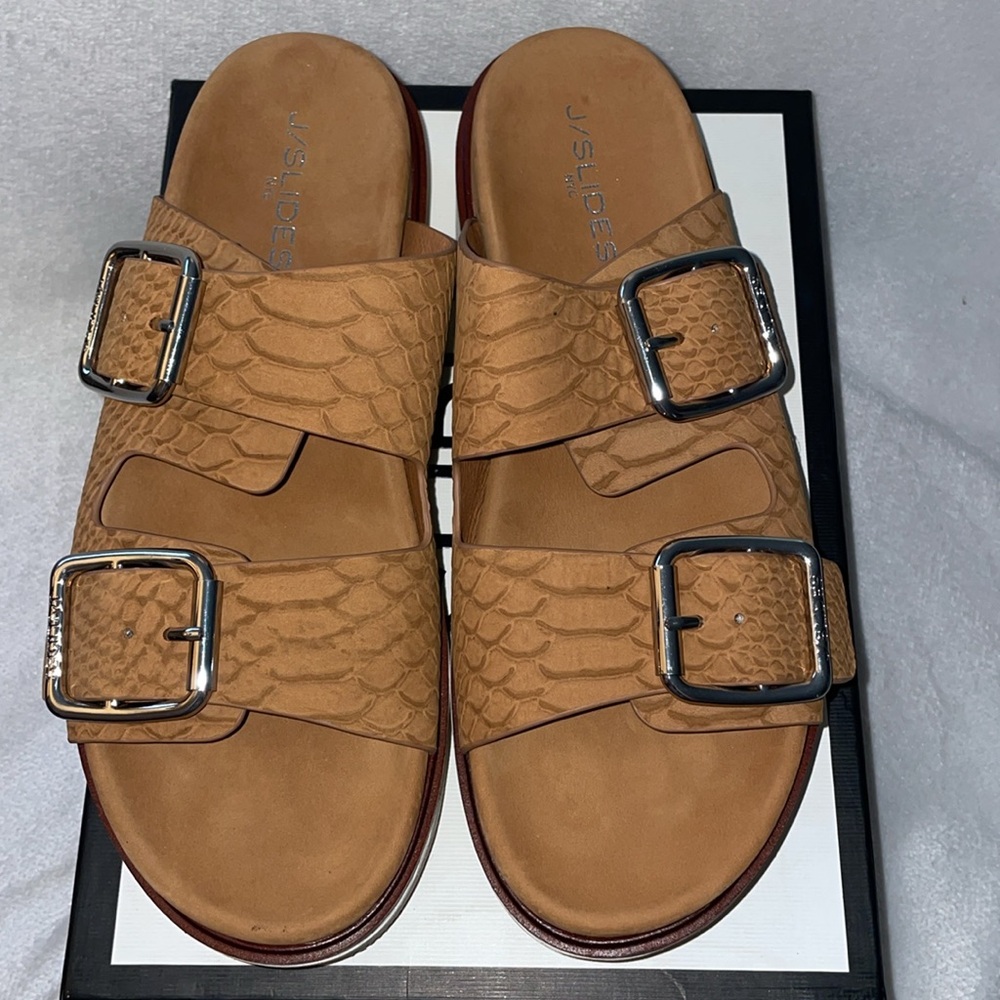 NWT J/SLIDES BOWIE Tan Embossed Leather Sandal - Picture 5 of 12